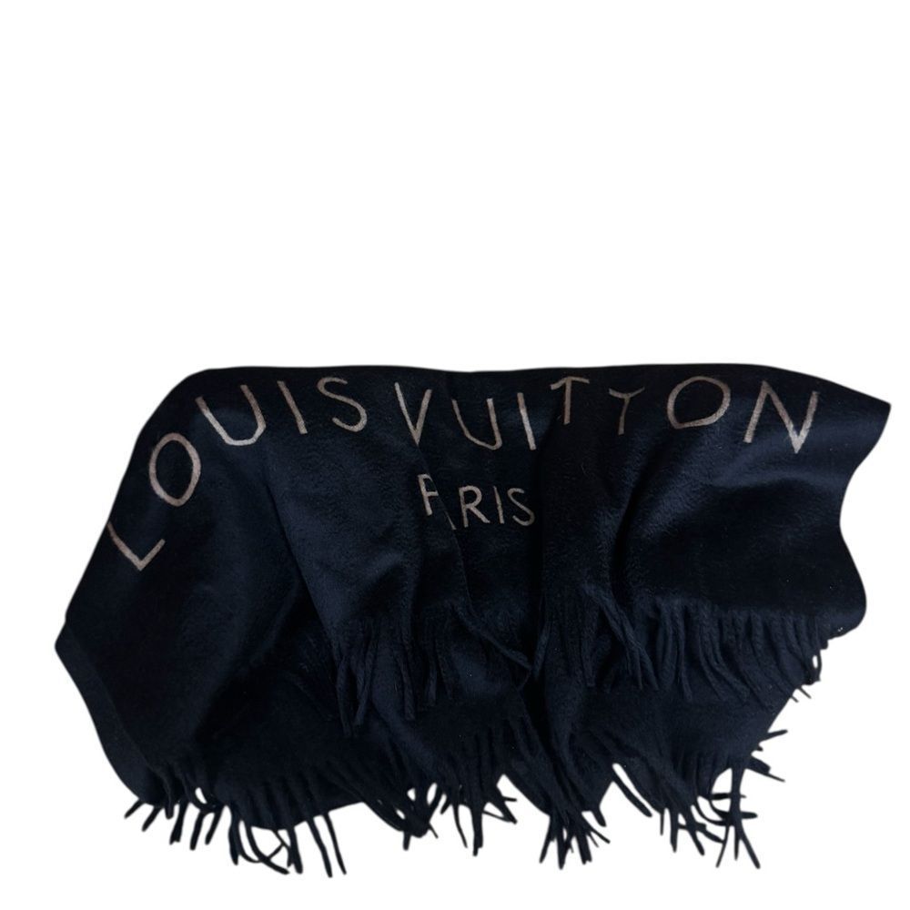 Louis Vuitton Black and Gold 100% Cashmere Large Logo Shawl Wrap Stole Auth - Picture 5 of 16
